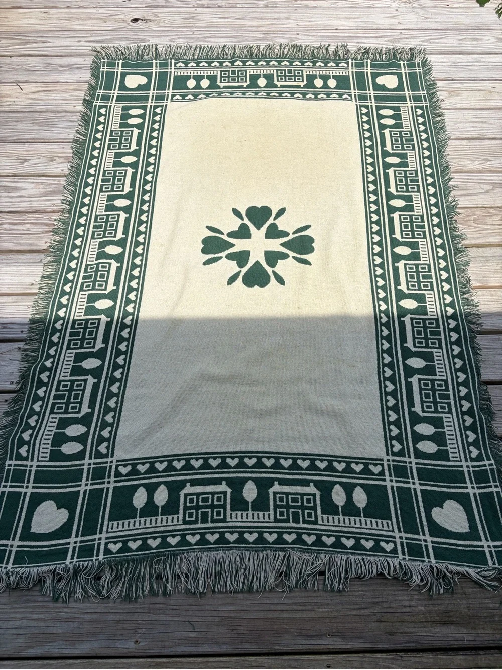 Vintage Green Cream Woven Throw Blanket Cottage Houses Hearts Fringe Farmhouse